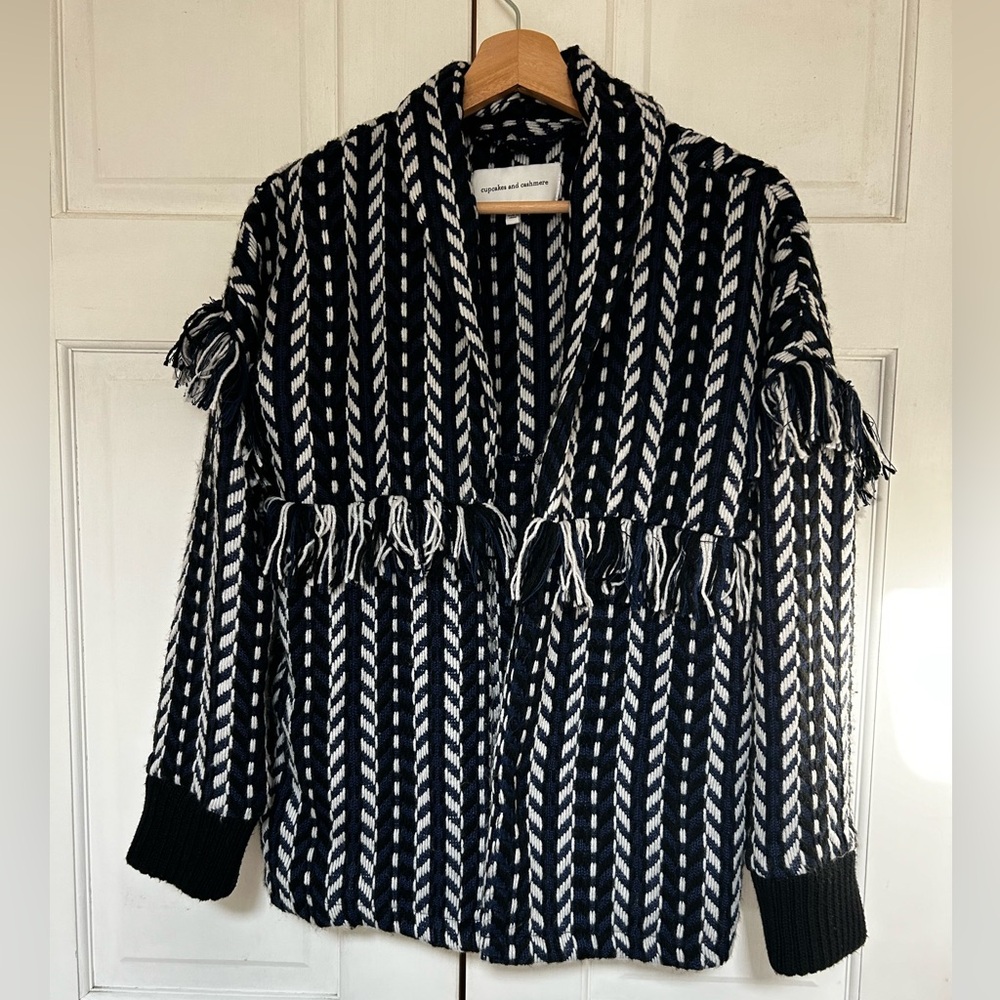 Cupcake & Cashmere Navy Black and White Knit Fringe Cardigan